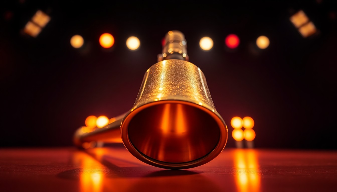 An extreme close-up photograph of a golden flute bell, reflecting warm stage lighting in a dramatic, high-contrast studio setting, conceptually representing the artistry and glamour of a classical music performance.