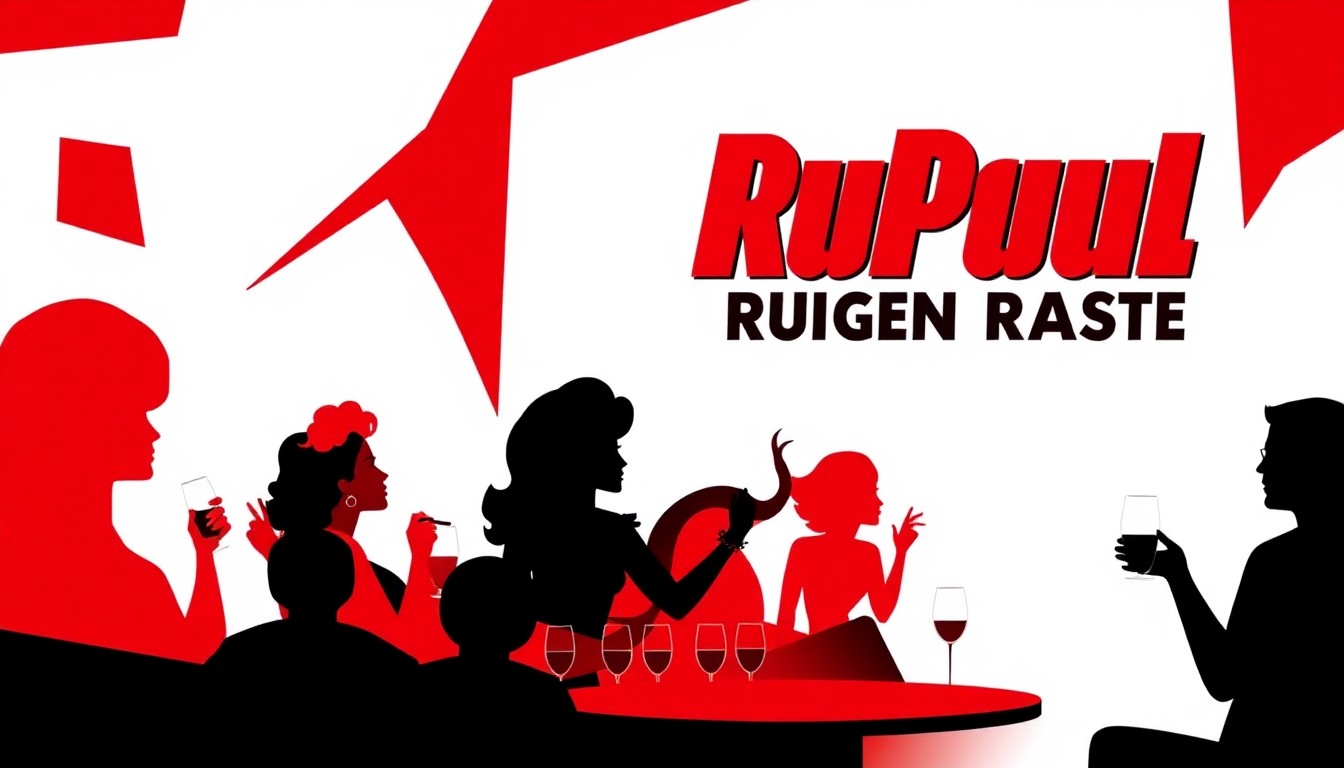 A striking abstract illustration featuring bold, jagged geometric shapes in high-contrast red and black, conceptually representing the energy and excitement of a RuPaul's Drag Race viewing party.