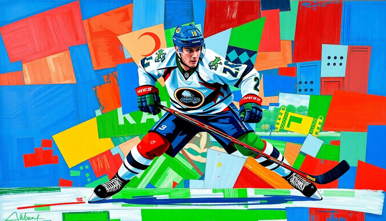 A cubist-style painting depicting a hockey defenseman in action, with their movements broken down into sharp, overlapping geometric shapes in a vibrant color palette of blues, greens, and reds.