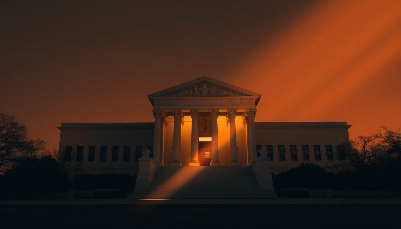 A serene, photorealistic painting of the Supreme Court building in warm, golden light, with deep shadows casting a sense of institutional authority and gravity.