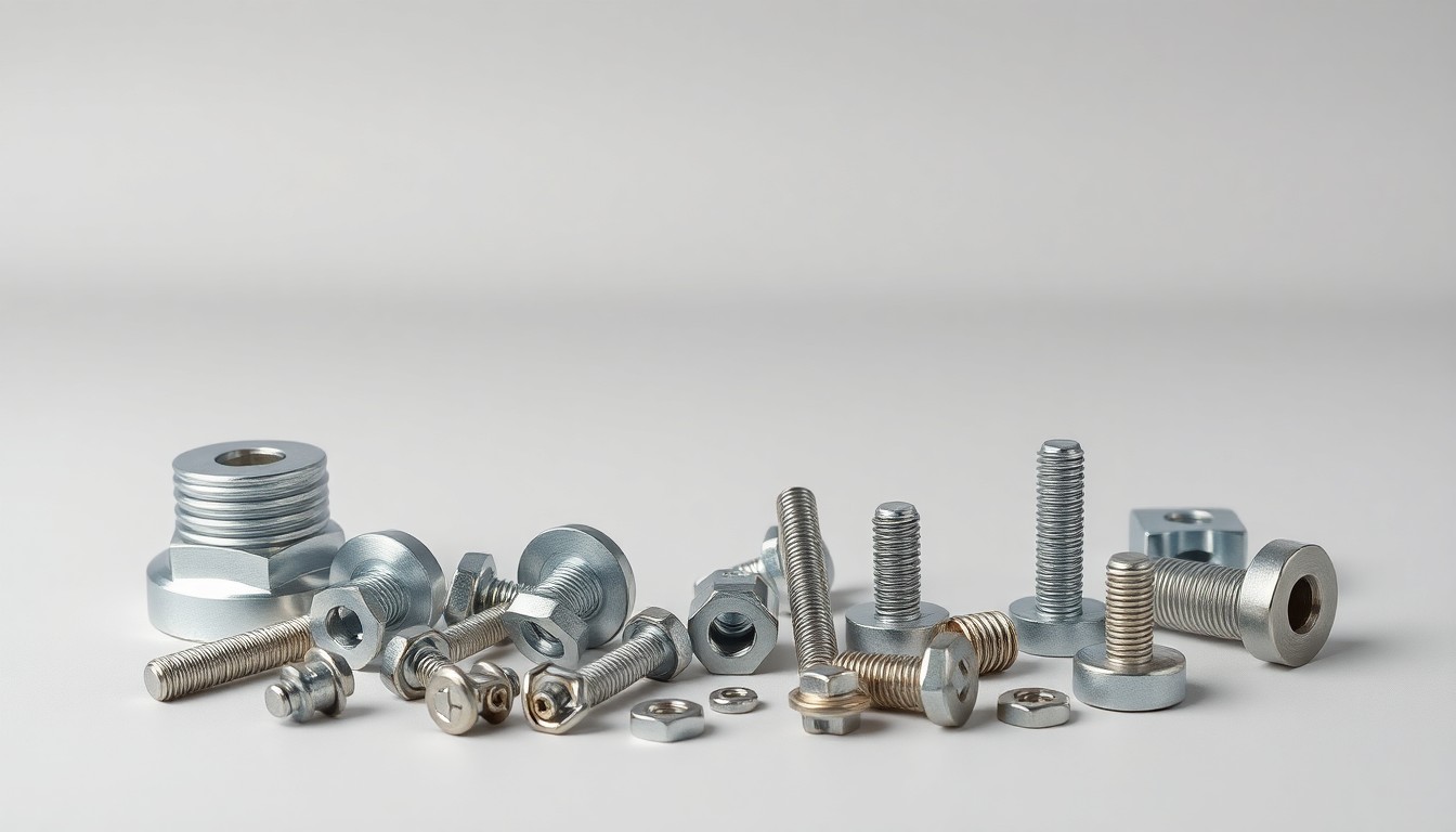 A close-up photograph of a collection of shiny metal roofing parts, including panels, clips, and fasteners, arranged in a minimalist studio setting to convey the premium materials and craftsmanship needed for a durable, hurricane-resistant metal roof installation.