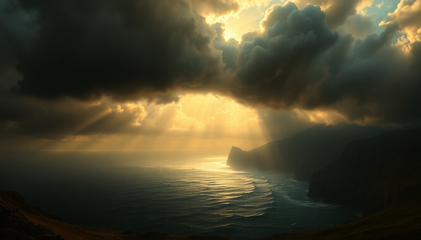 A vast, majestic landscape painting in the style of Caspar David Friedrich, with dramatic lighting and deep perspective capturing the sublime scale of the natural world as a storm clears over a serene coastline.