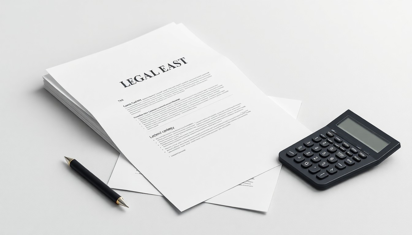 A clean, modern studio photograph featuring a stack of legal documents, a pen, and a calculator arranged on a plain white background, conceptually representing the abstract financial and legal issues at the heart of a corporate lawsuit.
