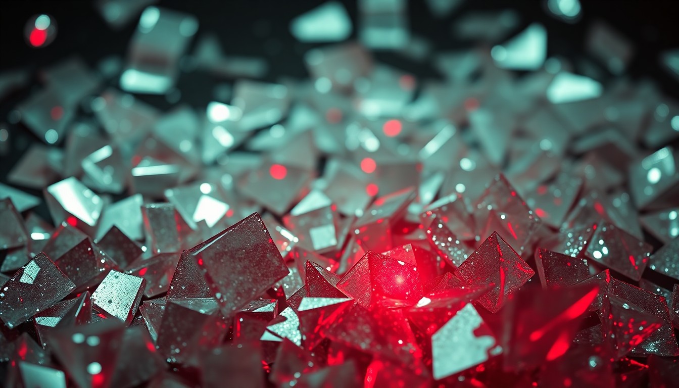 An extreme close-up photograph of shattered, glittering glass fragments in shades of red and black, conceptually representing the gritty, nostalgic energy of DJ Clue's influential mixtape career.