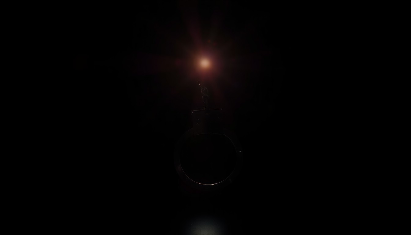 An extreme close-up photograph of a metal handcuff against a pitch-black background, lit dramatically by a harsh camera flash to create a stark, gritty, investigative aesthetic.
