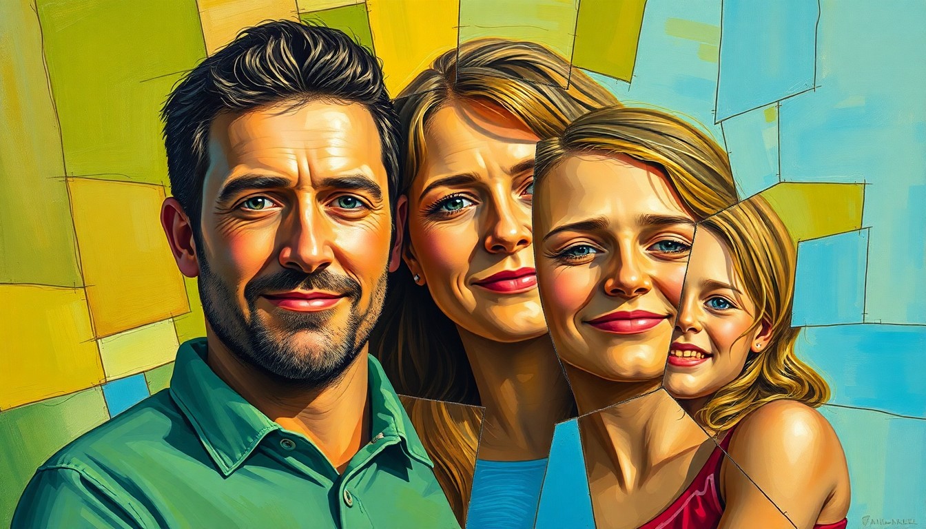 A fractured, multi-perspective painting depicting a family portrait, with sharp, overlapping geometric planes in vibrant colors representing the balance between Rahm's professional and personal life.