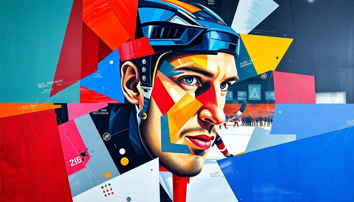 A fractured, geometric painting in vibrant colors depicting the dynamic movements and energy of a hockey player, representing the legacy and future of Alex Ovechkin's storied career.