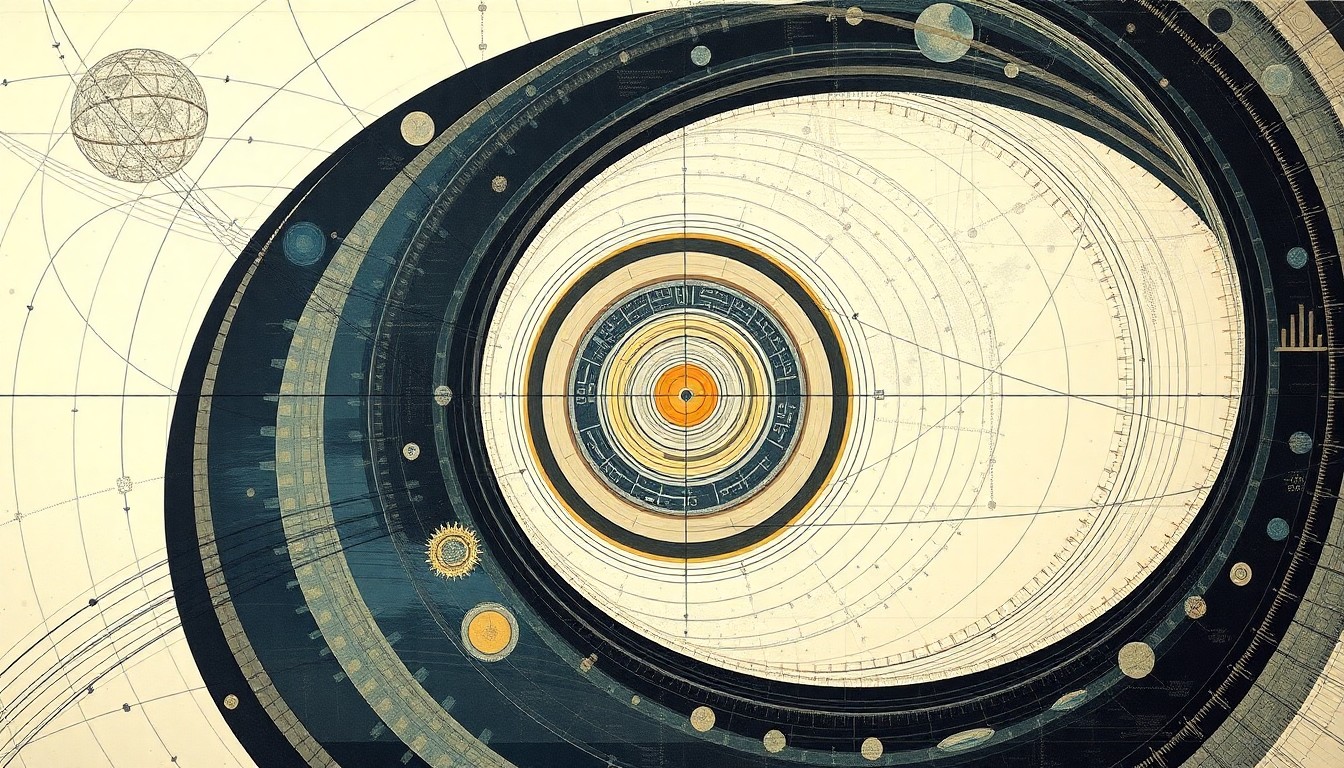 A highly structured abstract painting in soft, flat colors depicting a complex web of geometric arcs, concentric circles, and intersecting waveforms, representing the interconnected technological systems that underpin modern architecture.
