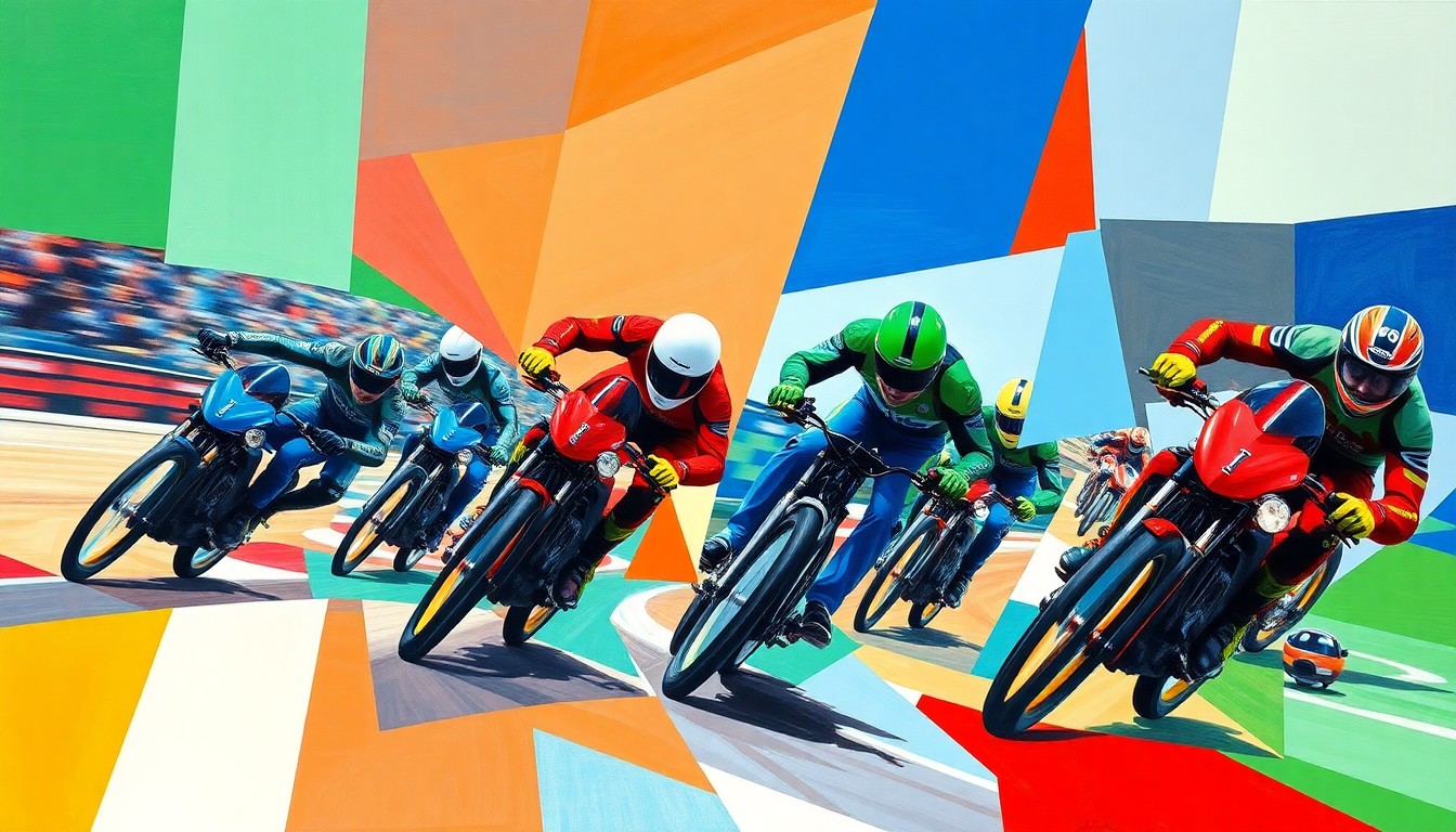 A cubist, geometric painting depicting a speedway race between Edinburgh and Glasgow riders, with sharp, overlapping planes of color and motion capturing the dynamic energy of the competition.