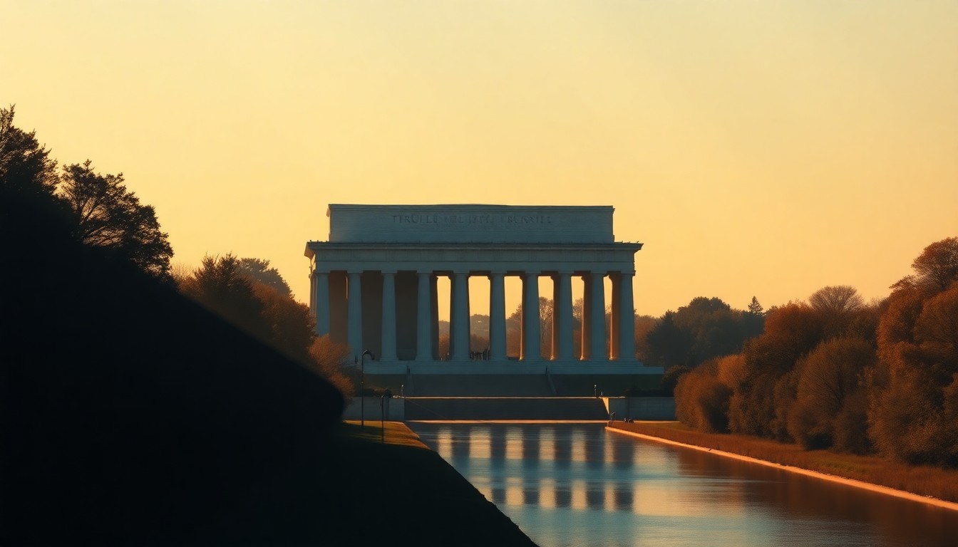 A serene, painterly scene of the Lincoln Memorial reflected in the still waters of the Potomac River, with the proposed Trump arch visible in the distance, casting a long shadow over the iconic landmark.