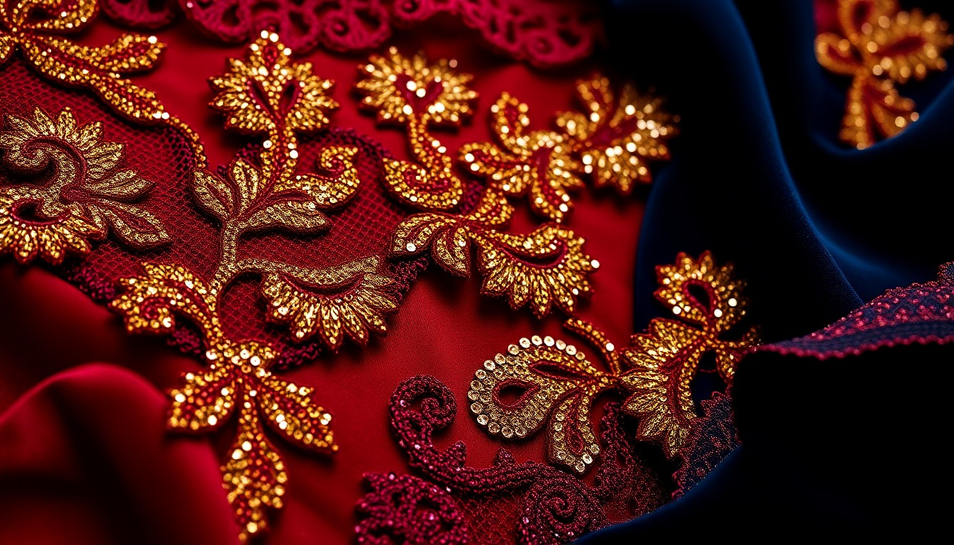 An extreme close-up photograph showcasing the intricate, luxurious textures of Spanish lace, sequins, and velvet fabrics in a dramatic, high-contrast composition that evokes the glamorous, culturally-infused aesthetic of the electronic music duo Mëstiza.