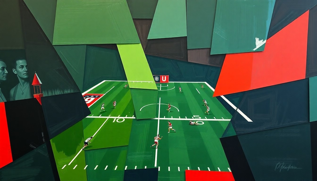 A cubist, geometric painting depicting a fragmented, multi-perspective scene of a running event, with overlapping planes of navy, green, and red conveying the energy and movement of the participants.