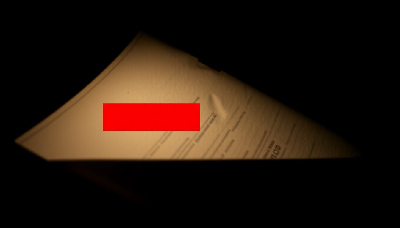 An extreme close-up photograph of a redacted government document or classified file folder, lit by a harsh, direct camera flash against a pitch-black background, creating a stark, gritty, investigative aesthetic.