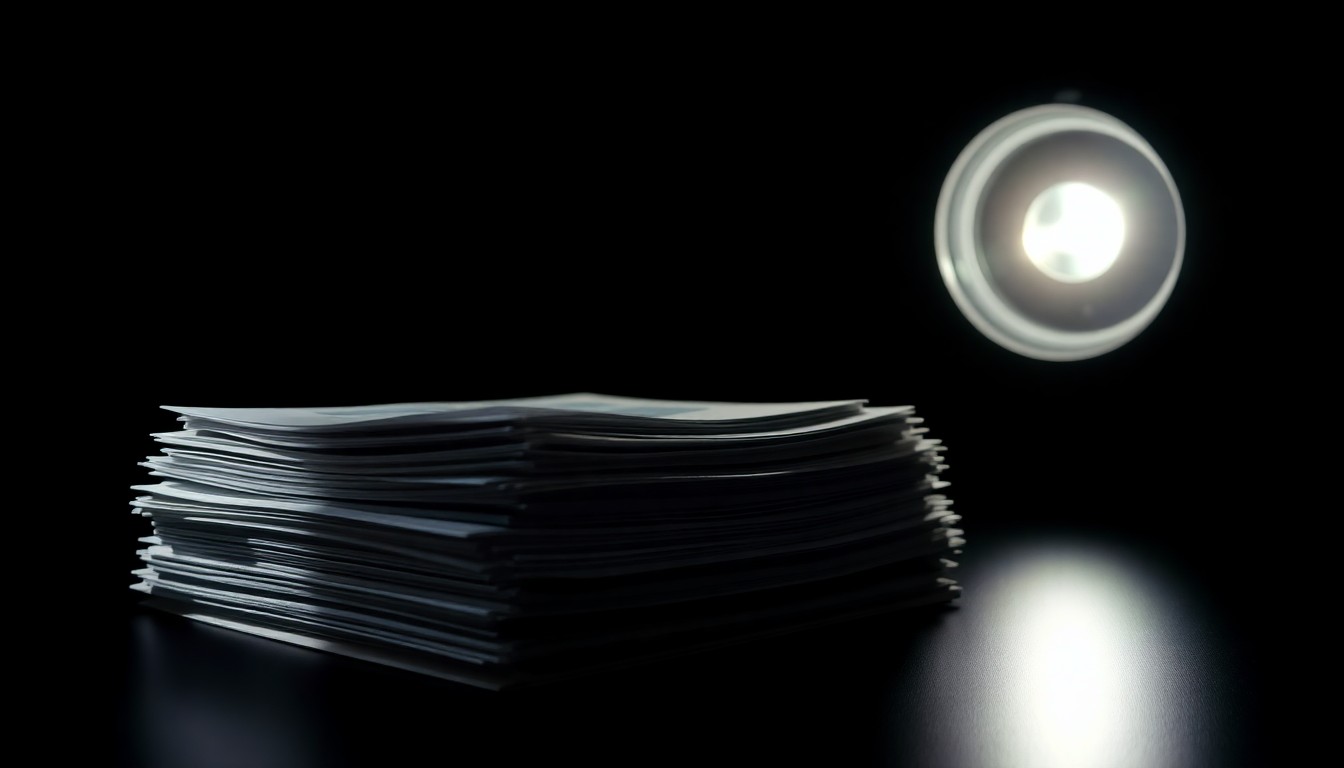 An extreme close-up of a stack of medical documents and files, lit by a harsh, direct camera flash against a pitch-black background, conceptually illustrating the investigative details of a major health care fraud case.