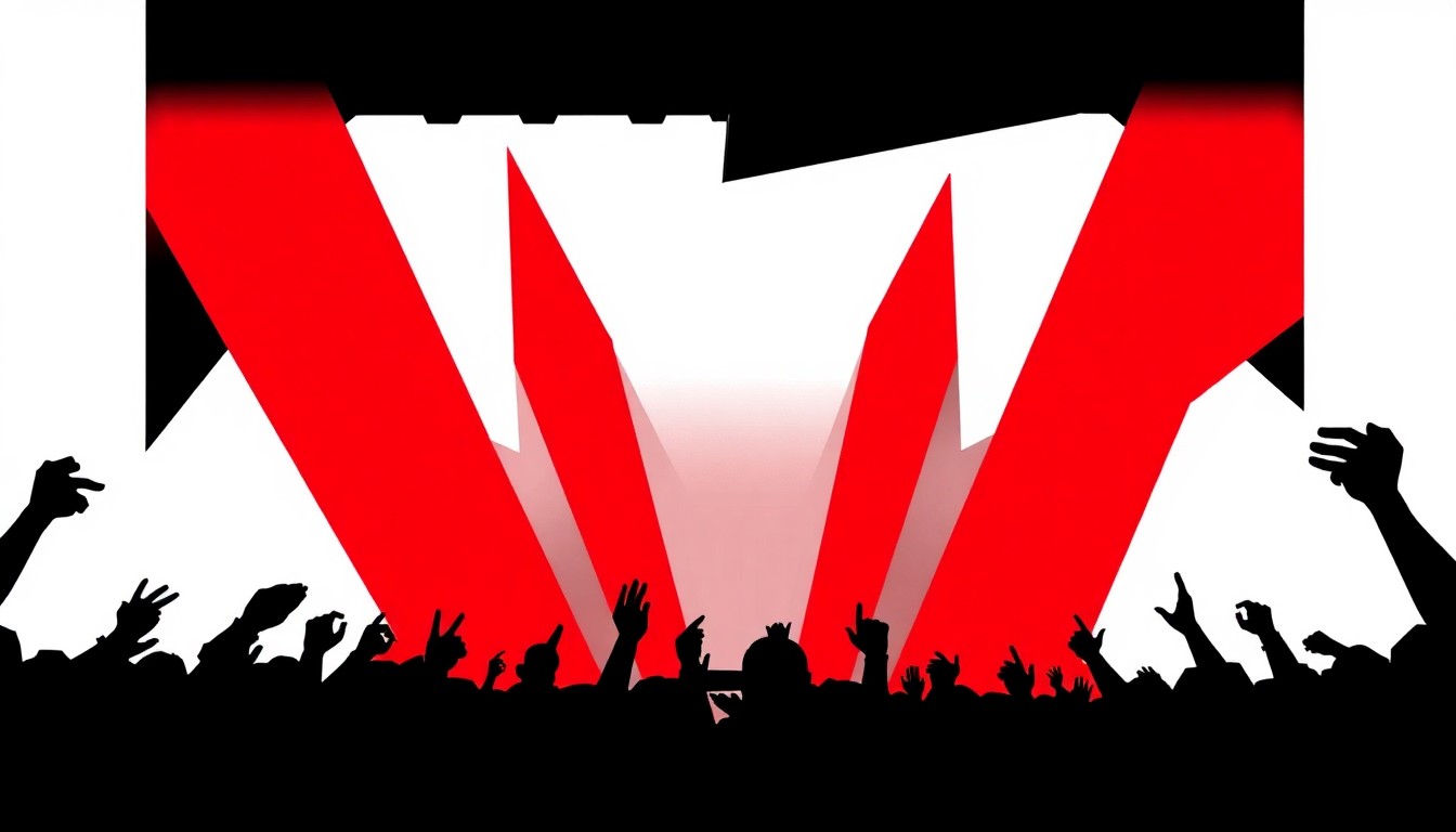 A striking abstract illustration featuring bold geometric shapes and high-contrast colors, capturing the energy and excitement of a major music tour without using any text or identifiable imagery.