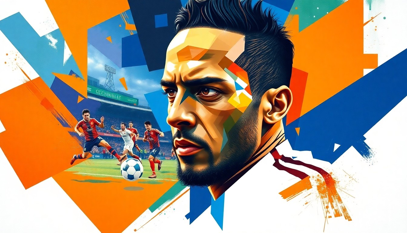 A cubist, geometric painting depicting a fragmented, multi-angled view of a football player, likely Neymar, in motion, with vibrant orange, blue, and white colors representing the FC Cincinnati team palette.