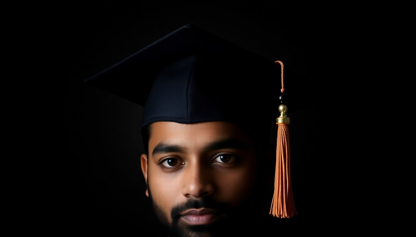 An extreme close-up photograph of a graduation cap and tassel, the textured fabric and metallic details dramatically illuminated by a harsh flash against a dark background, conveying a somber yet determined mood.
