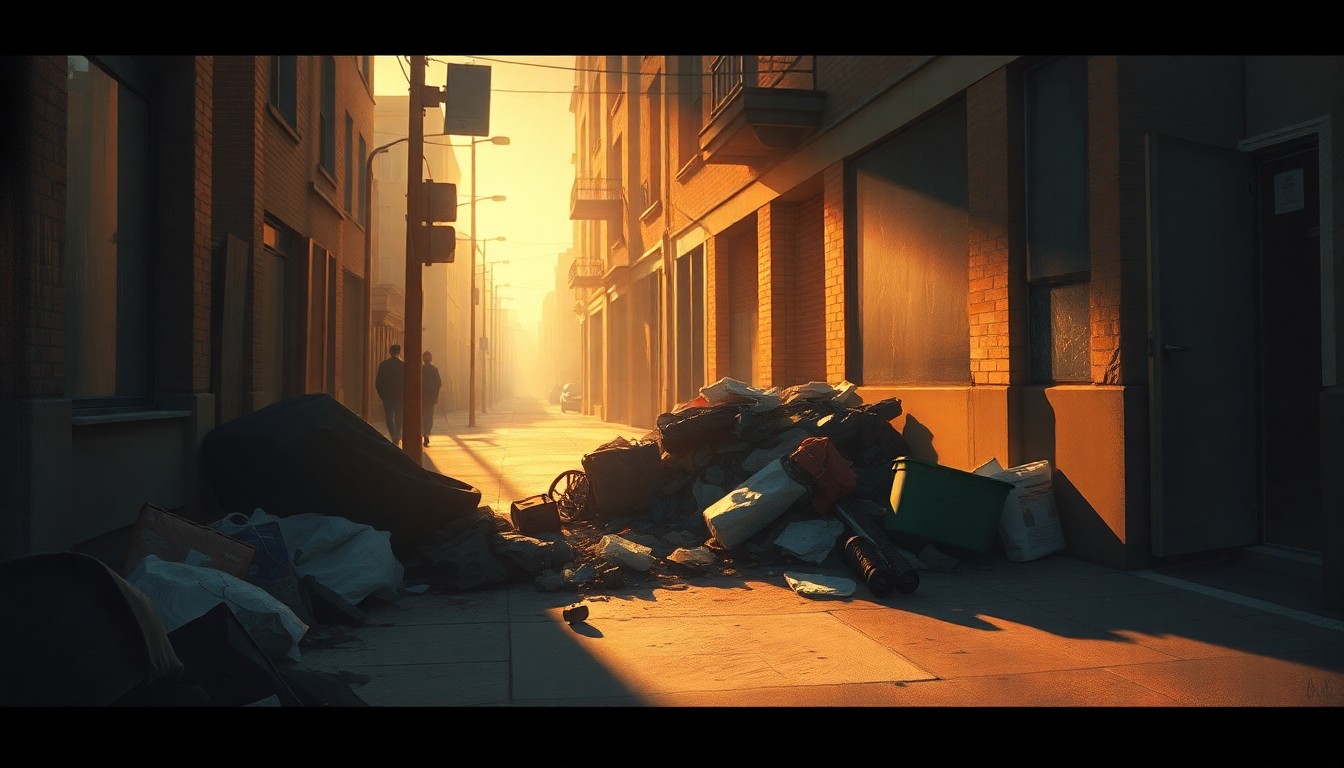 A realistic painting of a pile of discarded trash and debris on a city sidewalk, with warm sunlight casting deep shadows across the scene, conceptually representing the issue of illegal dumping in urban areas.