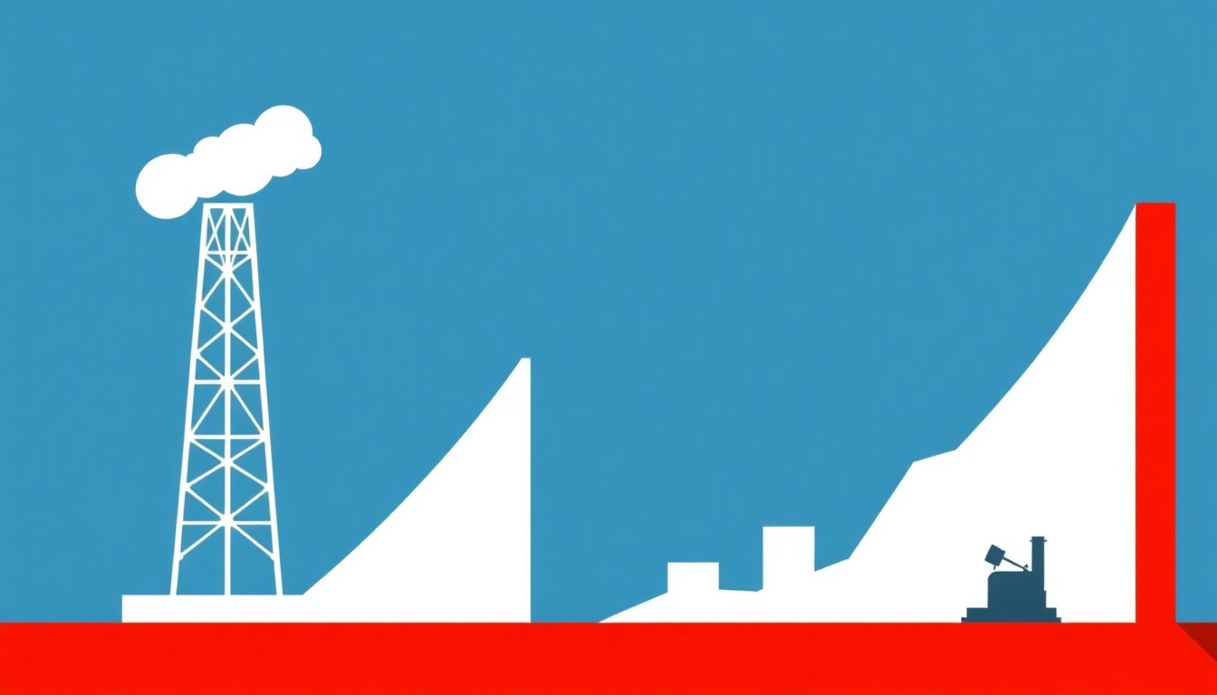 A minimalist composition of overlapping triangles and rectangles in shades of red, blue, and yellow, conceptually representing the volatility and instability in energy markets and consumer prices.