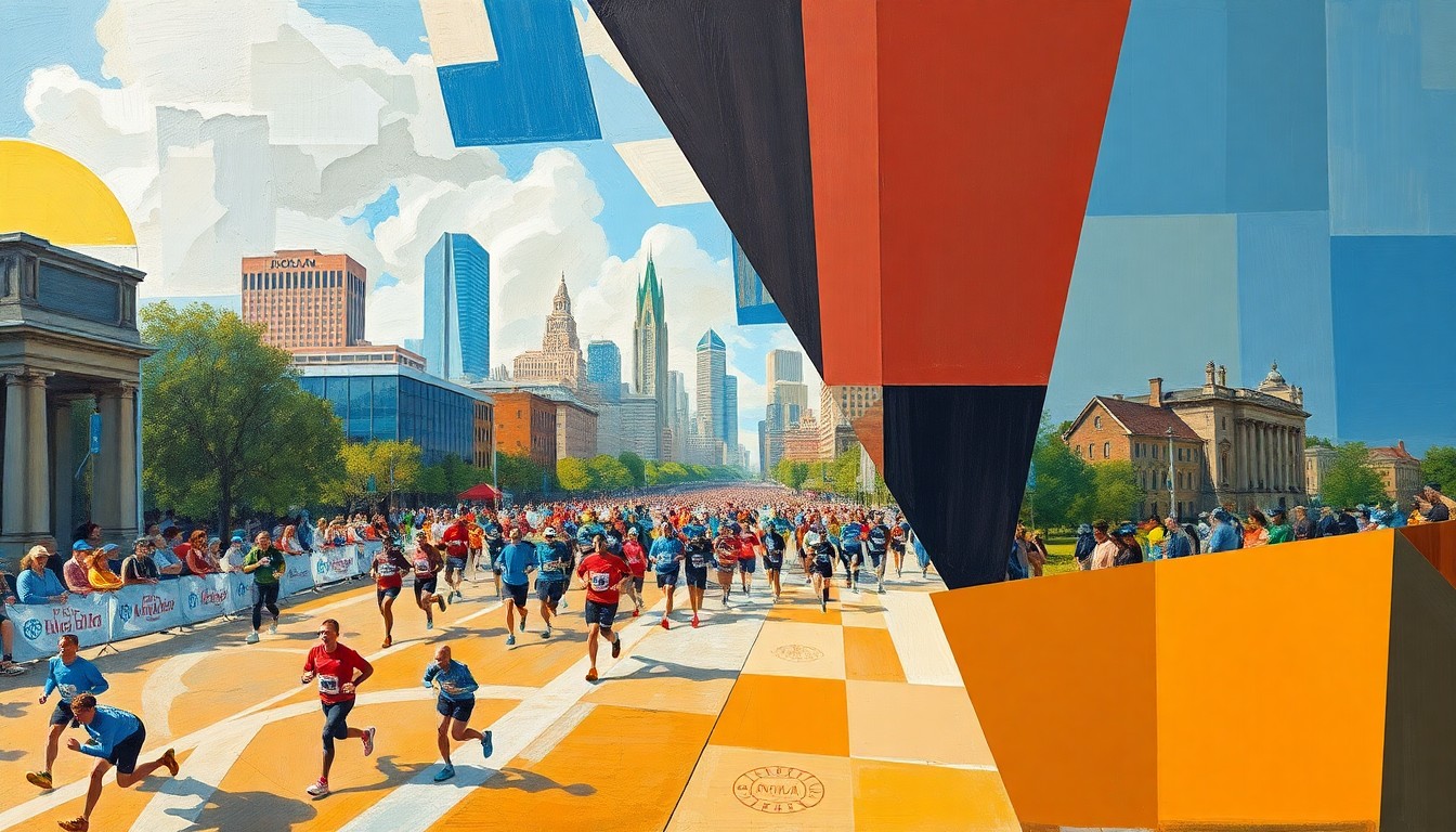 A cubist-style painting depicting the Milwaukee Marathon race, with runners, spectators, and the city's downtown skyline broken down into sharp, overlapping geometric shapes and planes of color.