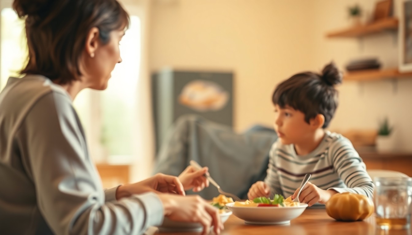 A blurred, intimate scene of a mother and adult child sharing a meal, their faces obscured but their body language suggesting a close, supportive relationship, conveying the evolving dynamic between parents and their grown-up kids.
