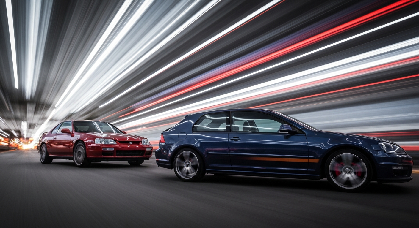 An abstract, blurred image of a Honda Prelude and Volkswagen Golf GTI in motion, conveying a sense of speed and energy through the use of vibrant colors and sweeping, chaotic lines.