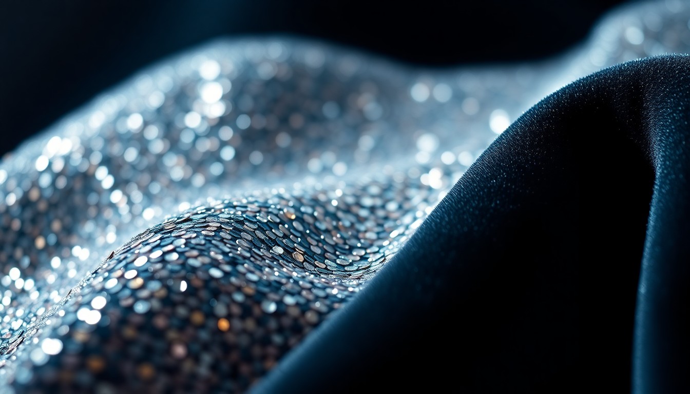 An extreme close-up of shimmering, high-contrast sequins and velvet textures, conceptually representing the glamour and high-fashion aesthetic of a rising music star.