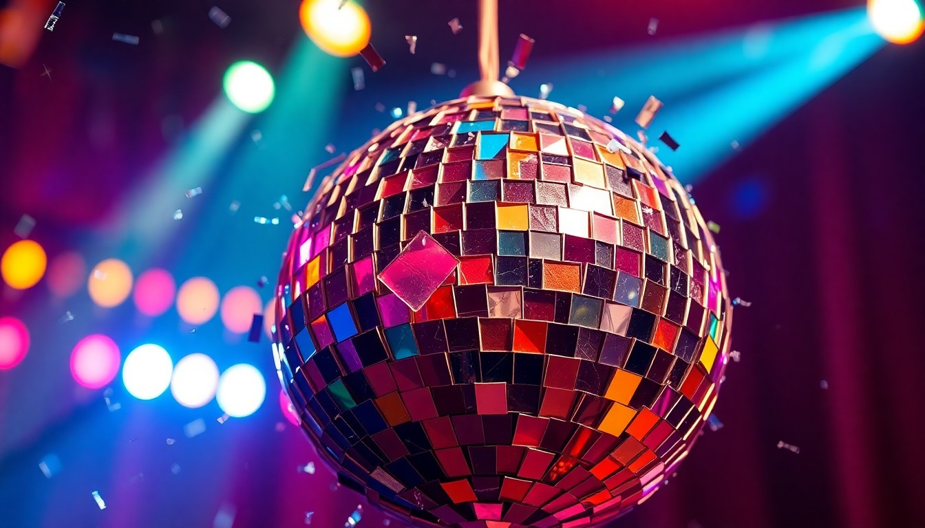 An abstract close-up photograph of shattered, glittering disco ball glass reflecting colorful stage lights, conveying the glamorous, high-energy atmosphere of a comedy club performance.