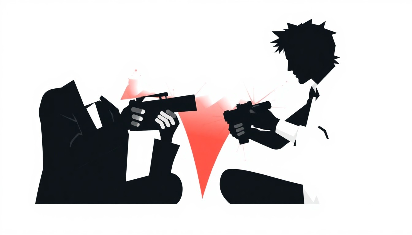 An abstract composition of stark, jagged black silhouettes and high-contrast geometric shapes in red and white, conceptually representing the intense rivalry and legal battle between two competitive gamers.