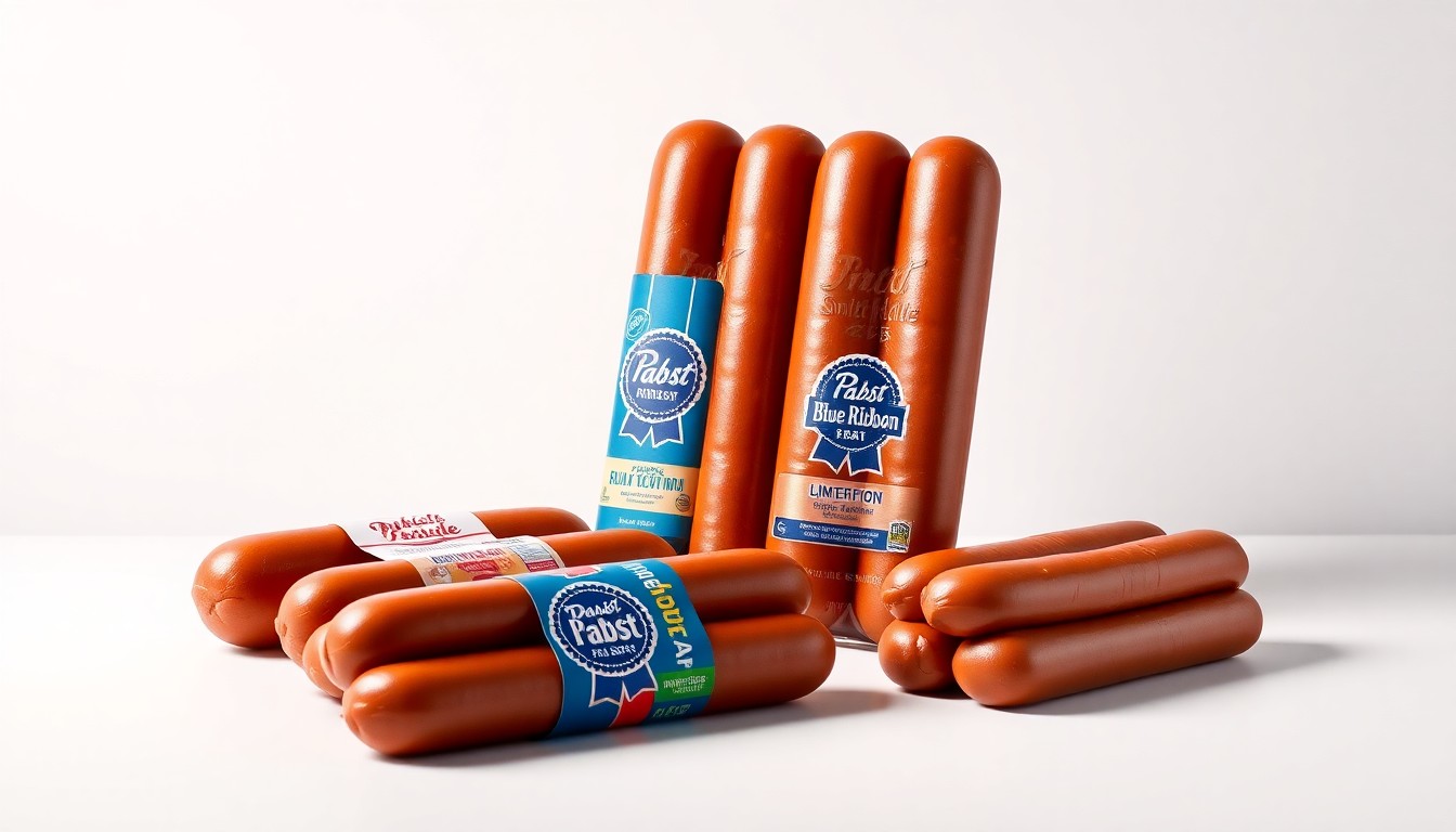 A high-end, photorealistic studio still-life photograph featuring a selection of premium pork bratwurst sausages in geometric arrangements, using dramatic lighting and shadows to conceptually represent the bold, crave-worthy flavors of the new Smithfield and Pabst Blue Ribbon collaboration.
