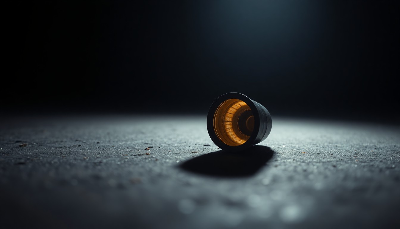 An extreme close-up photograph of a spent shell casing on a dark concrete surface, lit by a harsh, direct camera flash, conceptually representing the physical evidence of a violent crime.