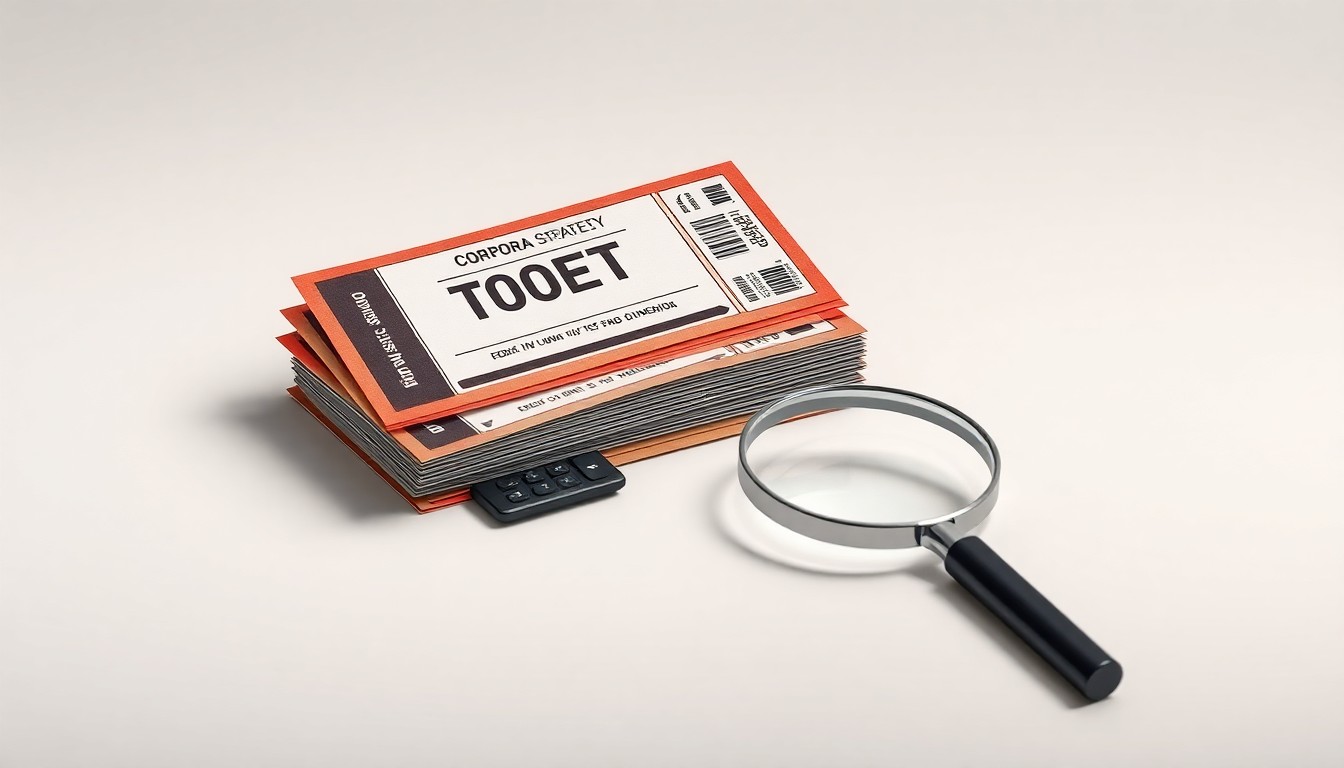 A photorealistic studio still life featuring a stack of event tickets, a calculator, and a magnifying glass arranged on a clean, monochromatic background, symbolizing the need for transparency in ticket pricing.