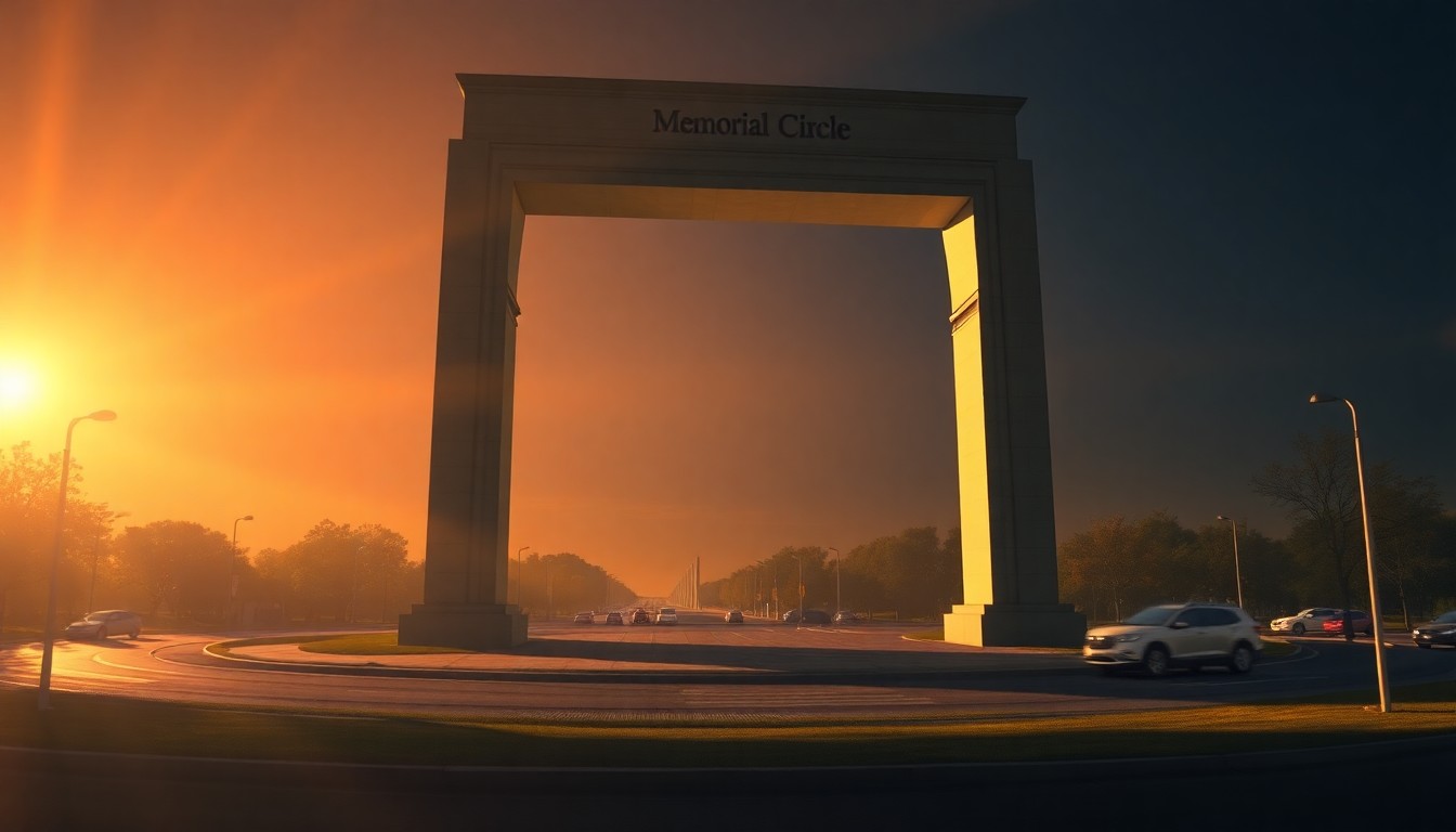 A cinematic painting depicting a massive, neoclassical stone arch with a gilded statue at the top, standing in the center of a traffic circle surrounded by trees and buildings in the distance, all bathed in warm, diagonal sunlight and deep shadows.