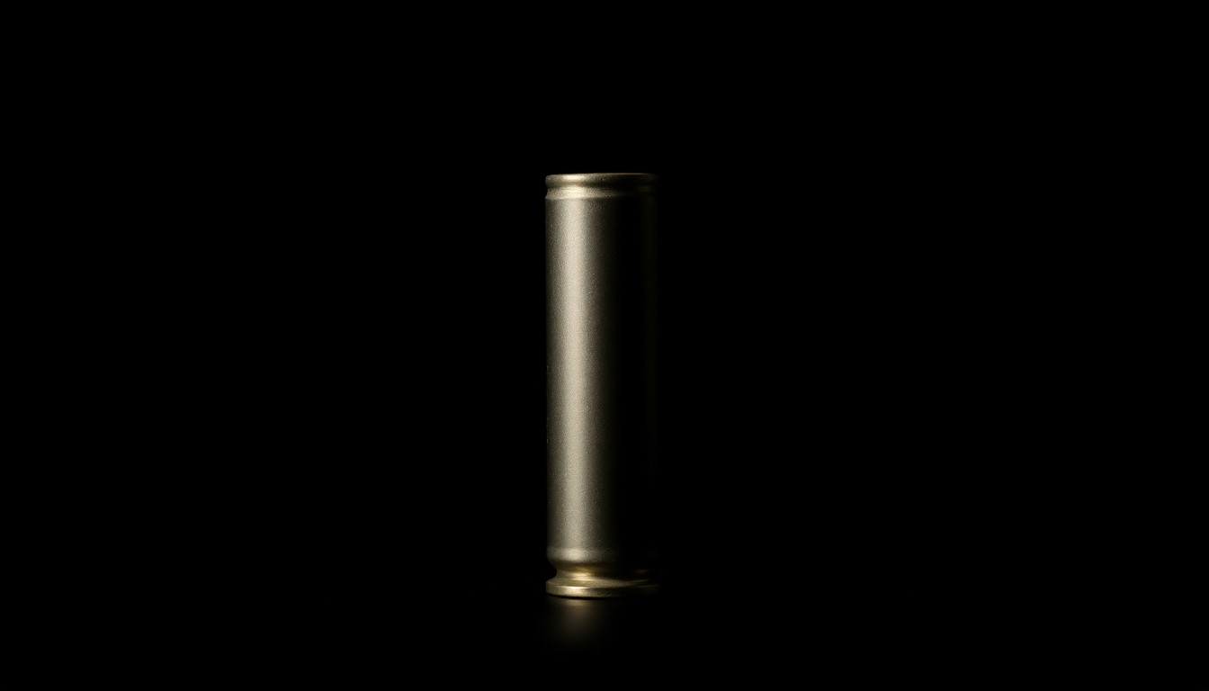 An extreme close-up photograph of a high-powered rifle cartridge casing, the metallic surface reflecting the harsh flash of light against the dark background, conveying the gritty, investigative nature of the incident.