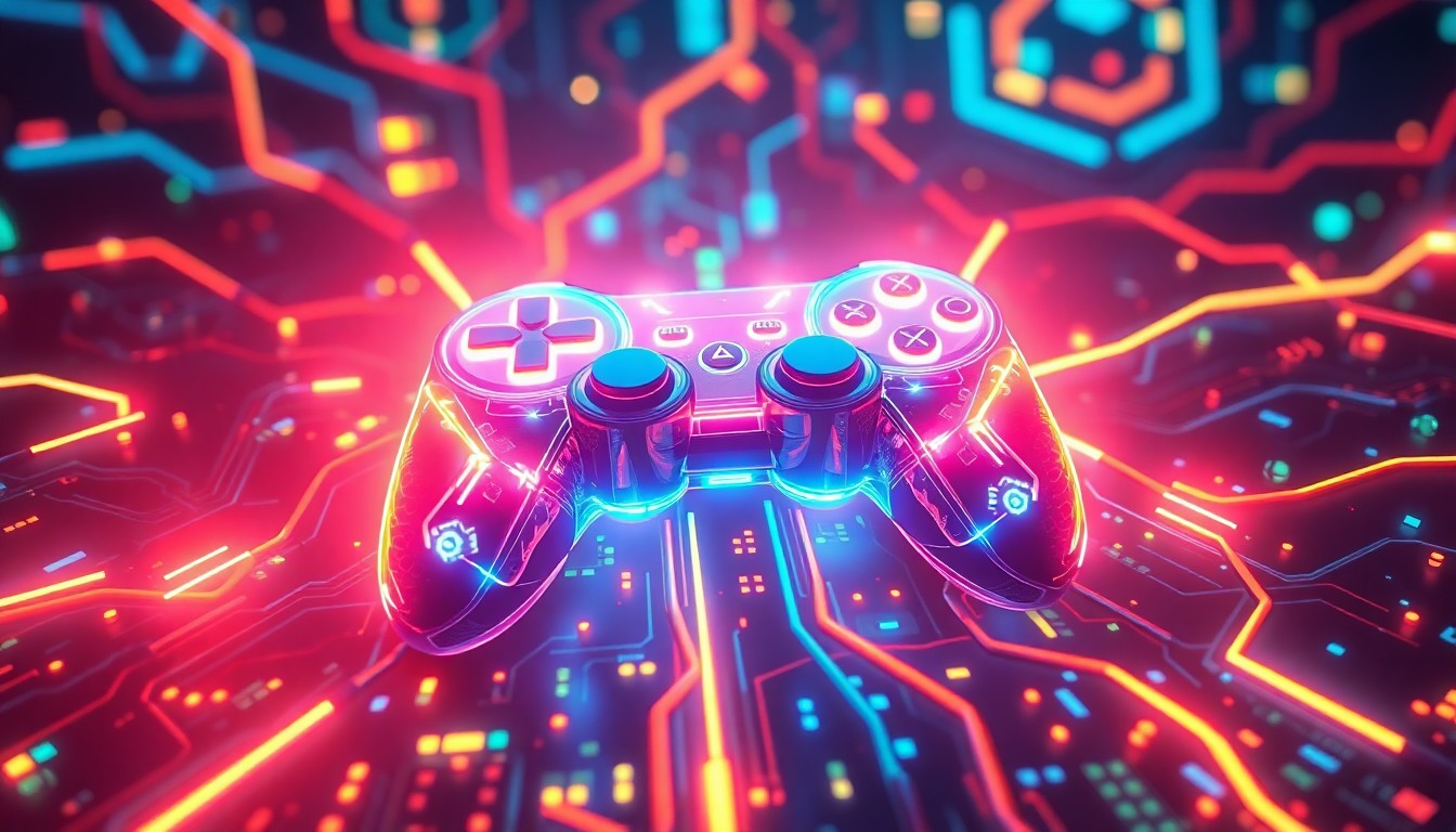 A highly detailed 3D illustration of a glowing, neon-lit game controller or other gaming hardware, surrounded by a web of illuminated circuit boards and data cables, representing the technical challenges and digital infrastructure behind the development of an award-winning indie game.