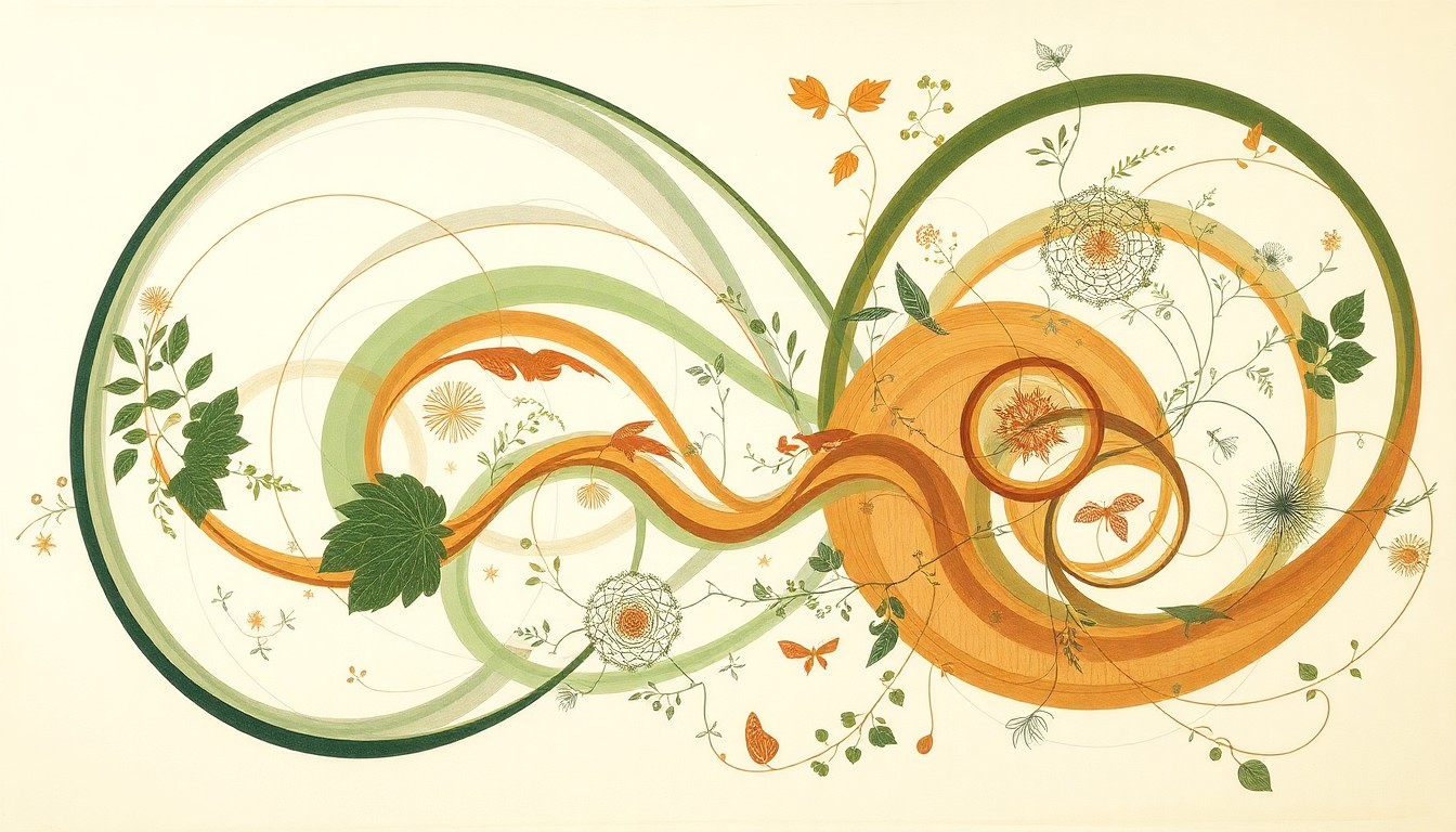 A highly textured, abstract painting in earthy tones of green, brown, and ochre, depicting a complex web of intersecting botanical forms and waveforms, conceptually representing the delicate balance of Richmond's ecosystems disrupted by the spread of invasive plant species.