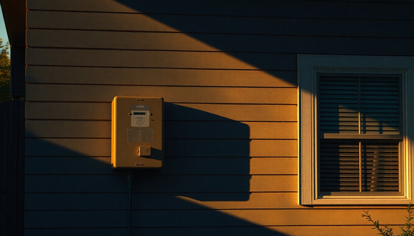 A close-up view of an old electric meter on the side of a weathered wooden house, the meter's dials and numbers barely visible in the warm, dramatic lighting, conveying the financial burden of rising utility bills.