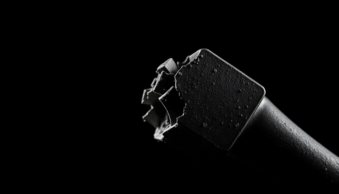 An extreme close-up photograph of a shattered hammer head against a pitch-black background, conceptually illustrating the violent nature of the alleged crime without depicting any graphic imagery.