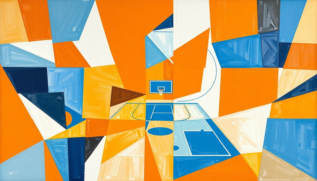 A cubist-style painting featuring overlapping geometric shapes in orange, blue, and white, conceptually representing the dynamic action and energy of a high school basketball game.