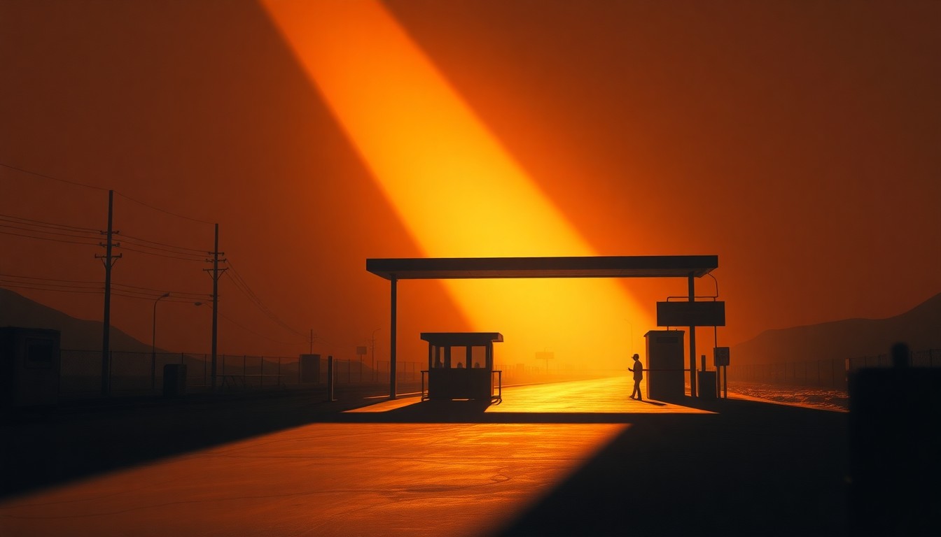 A serene, cinematic painting of a border checkpoint or customs station, with a single vehicle passing through under a warm, golden light, conveying the tension and isolation of the diplomatic crisis between Ecuador and Colombia.