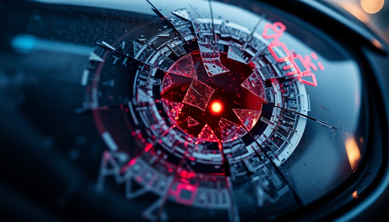 An extreme close-up of a shattered car sensor lens reflecting a faint red light, conceptually illustrating the vandalism of self-driving cars.
