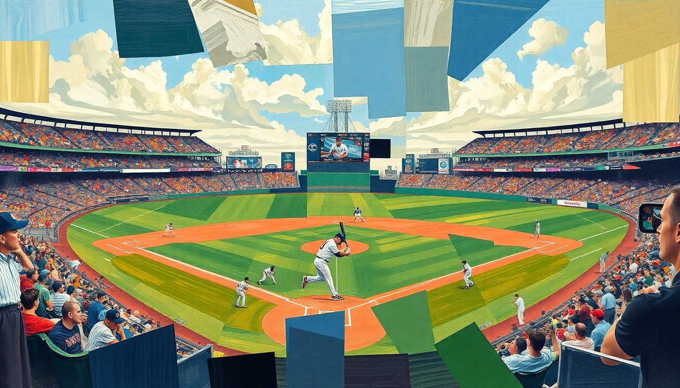 A cubist-style painting depicting a baseball game or baseball action, with the players and field broken down into sharp, overlapping geometric shapes and planes in vibrant colors.