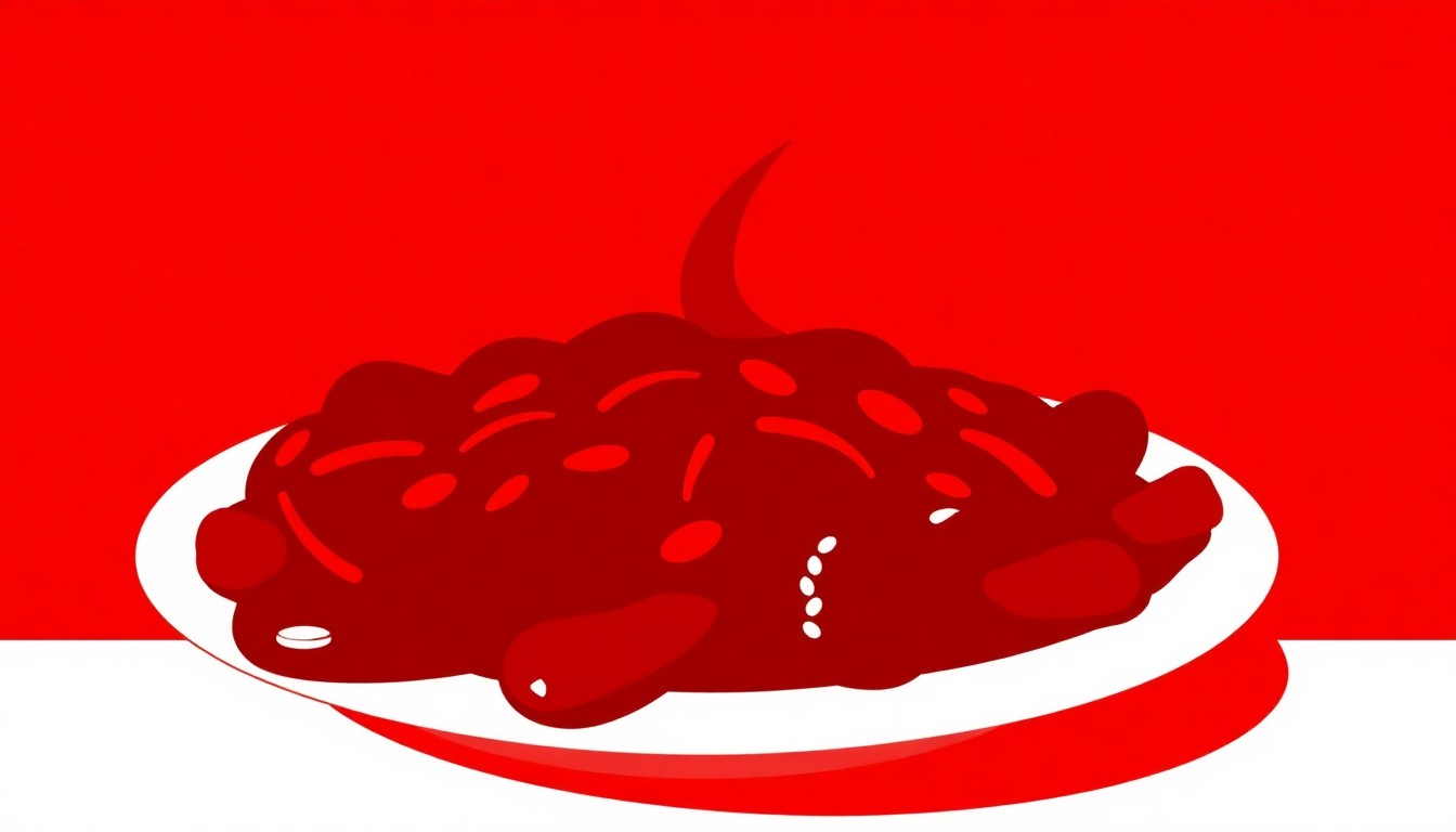 A bold, abstract composition of jagged, geometric shapes in deep red and stark white, conceptually representing a plate of Skyline Chili without any literal depiction.