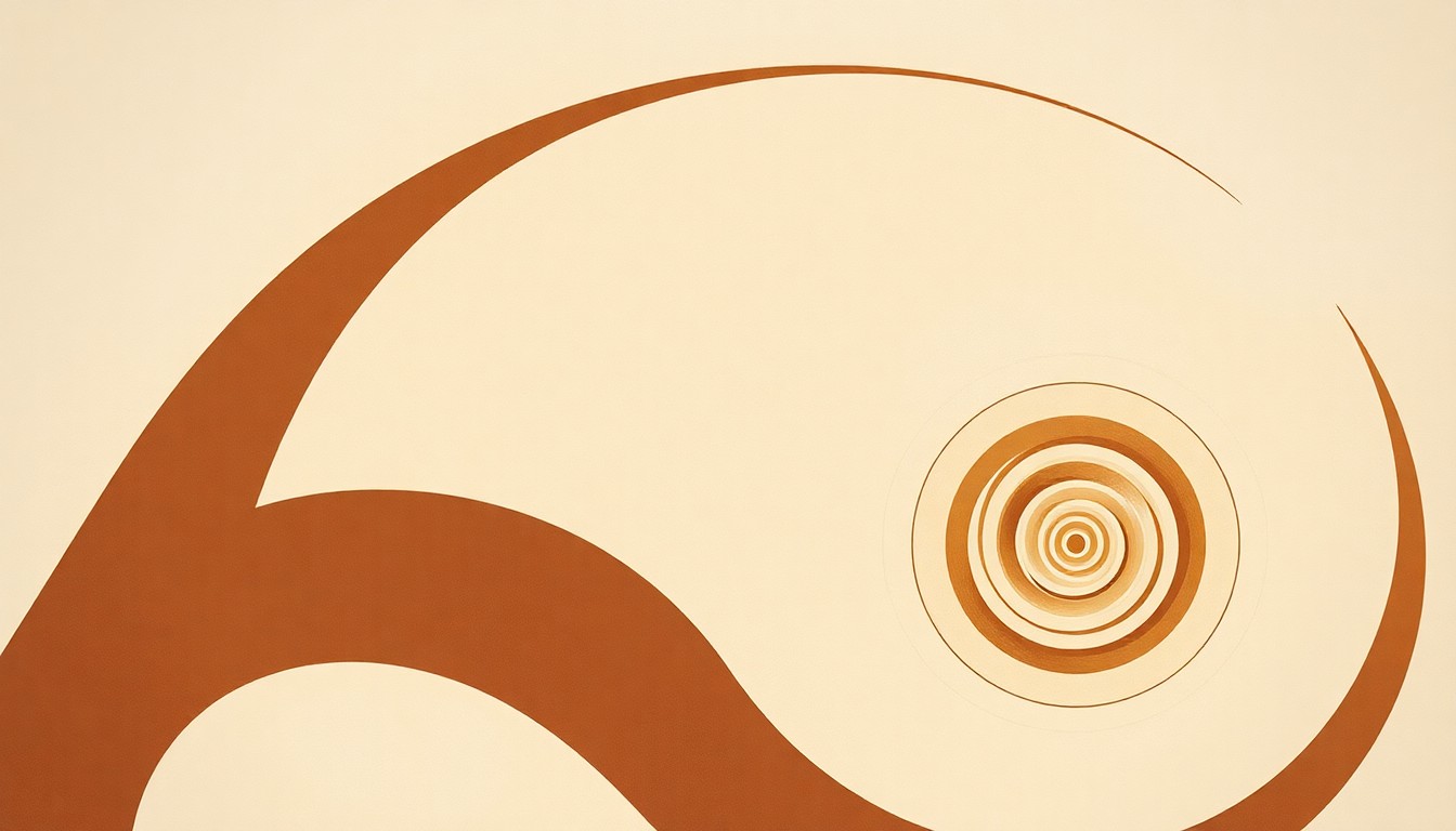 A highly textured abstract painting in muted earth tones, featuring sweeping geometric arcs, concentric circles, and precise botanical spirals, conceptually representing the structural complexity of climate change and its impact on urban resilience.