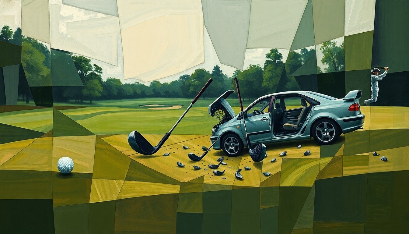 A fractured, geometric painting depicting a golf course, golf clubs, and a car crash, all broken down into sharp, overlapping planes of muted greens, browns, and grays, conveying the complex personal challenges faced by the renowned golfer.