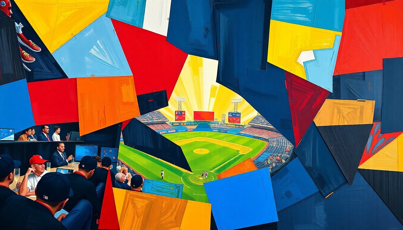 A cubist-style painting featuring overlapping geometric shapes and planes in vibrant colors, conceptually representing the strategic decision-making behind a baseball trade between two teams.