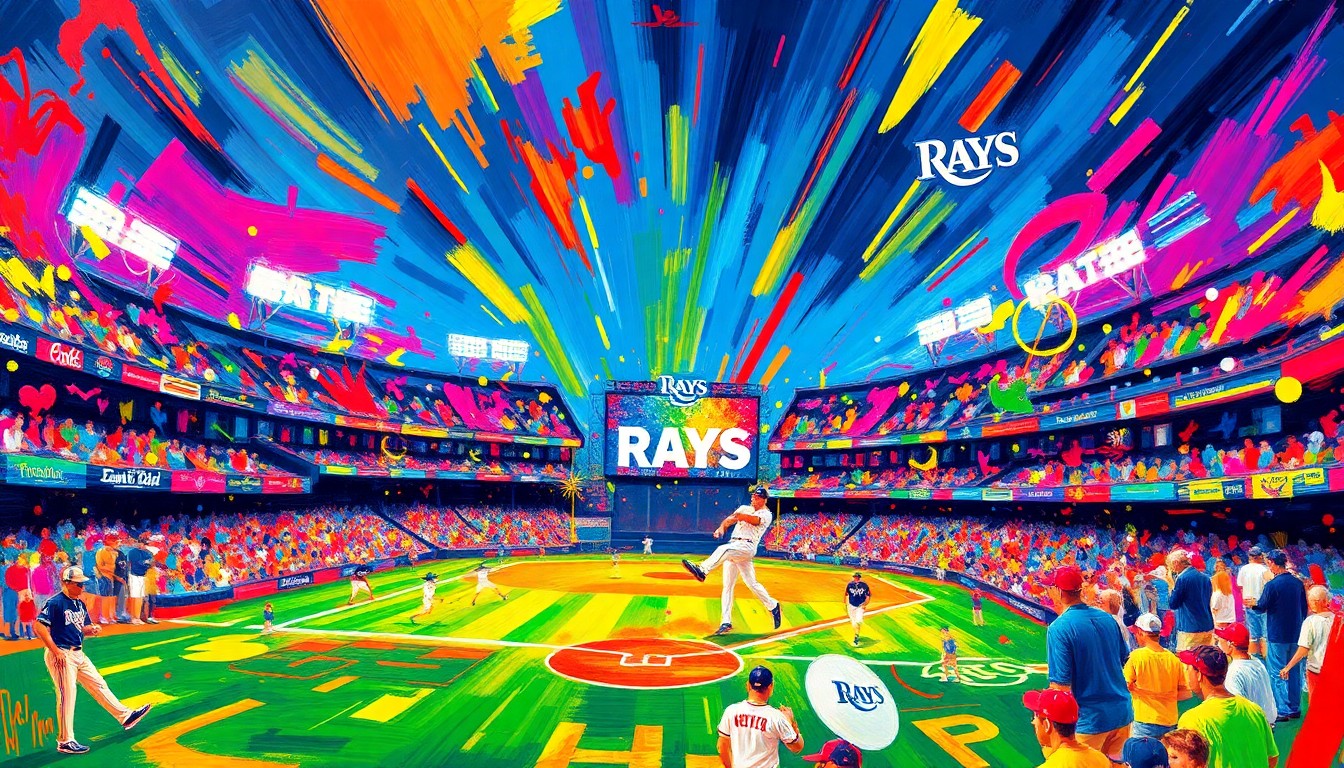 An abstract, expressionist painting in vibrant neon colors, capturing the energy and excitement of the Rays' return to Tropicana Field after the stadium's renovation following Hurricane Milton's damage.