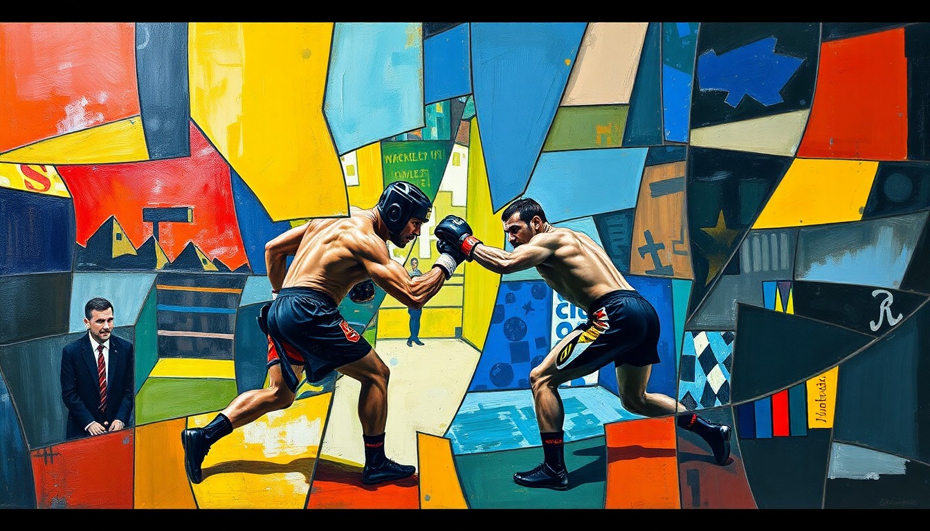 A cubist, geometric painting depicting a mixed martial arts fight or competition, with sharp, overlapping planes of color and form representing the fragmented perspectives and dynamics of the sport.