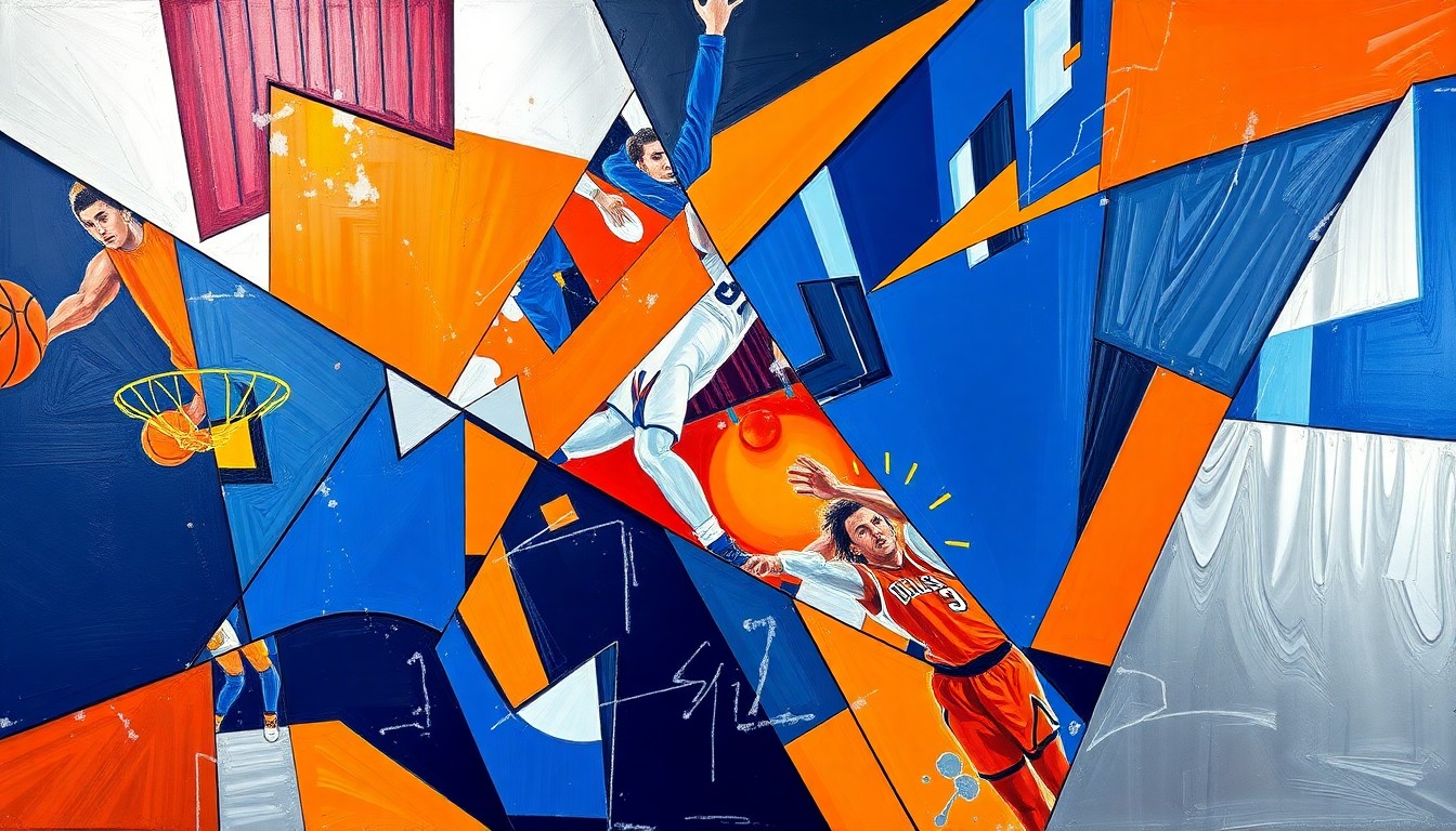 A cubist, geometric painting depicting a fragmented basketball court scene, with overlapping shapes and planes in shades of navy blue, orange, and silver, conveying the chaotic and unpredictable nature of the 76ers' injury-plagued season.