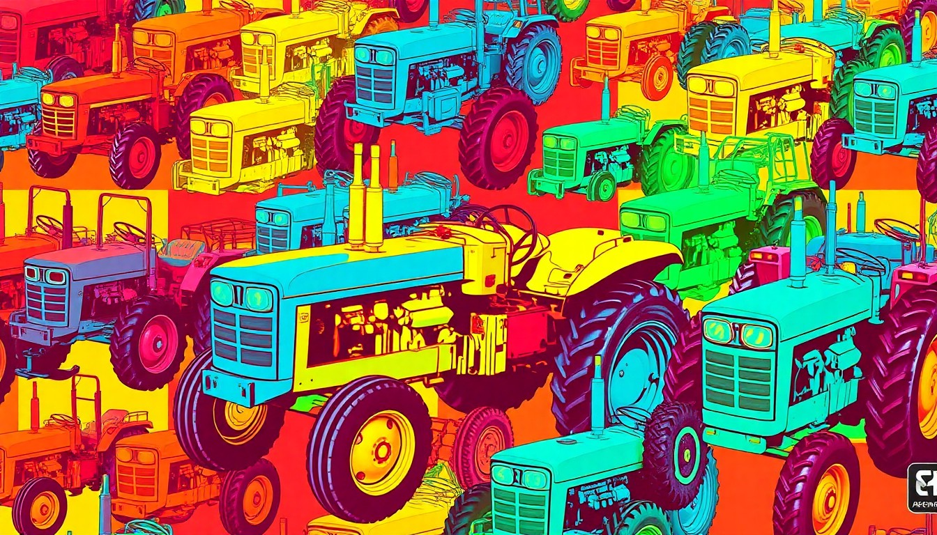 A vibrant, high-contrast silkscreen print depicting a tractor or other iconic farm equipment repeated in a grid pattern, conceptually representing the collaboration between two Kansas colleges to strengthen agricultural education and workforce development.